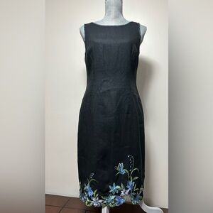 Talbots Vintage Size 8 Linen Sleeveless Dress Embroidered Floral Beaded Black